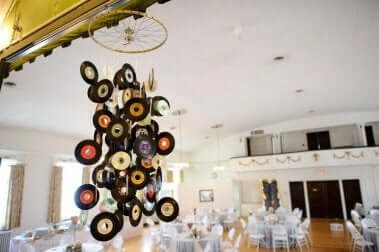 A mobile made out of small vinyl records.