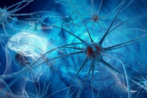 Graphic showing neurons and a human brain in the background.