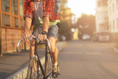 A person bicycling.