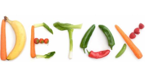 Fruits and vegetables arranged on a white background to spell "DETOX".