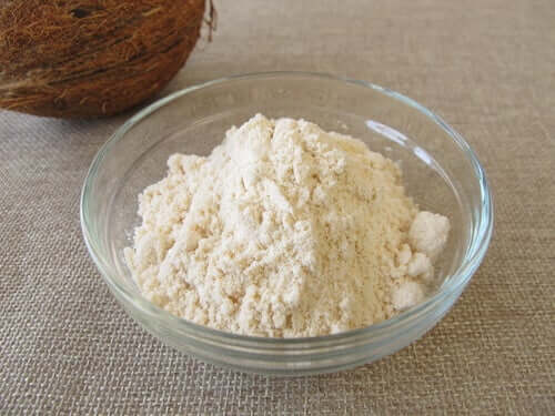Coconut flour in a bowl.