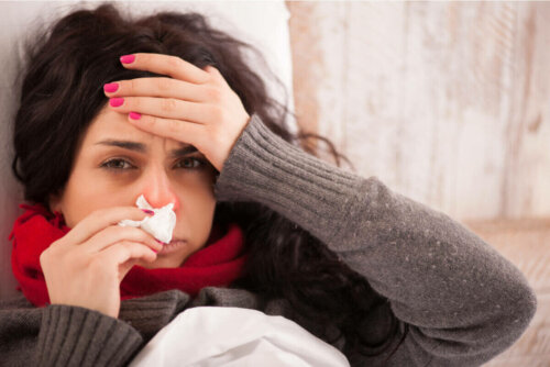 A woman with a congested nose.