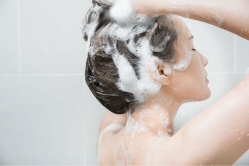 A woman washing her hair.