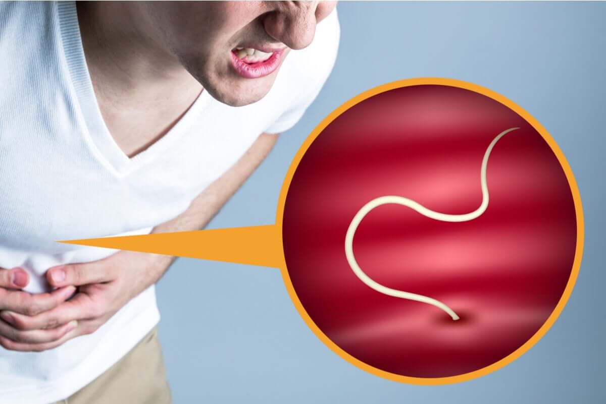 A man bending over and holding his abdomen in pain and a digital drawing of an intestinal parasite.