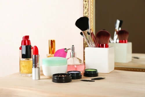 Cosmetics on a dresser.