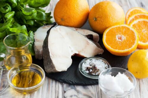 Ingredienser til ret med torsk og appelsin