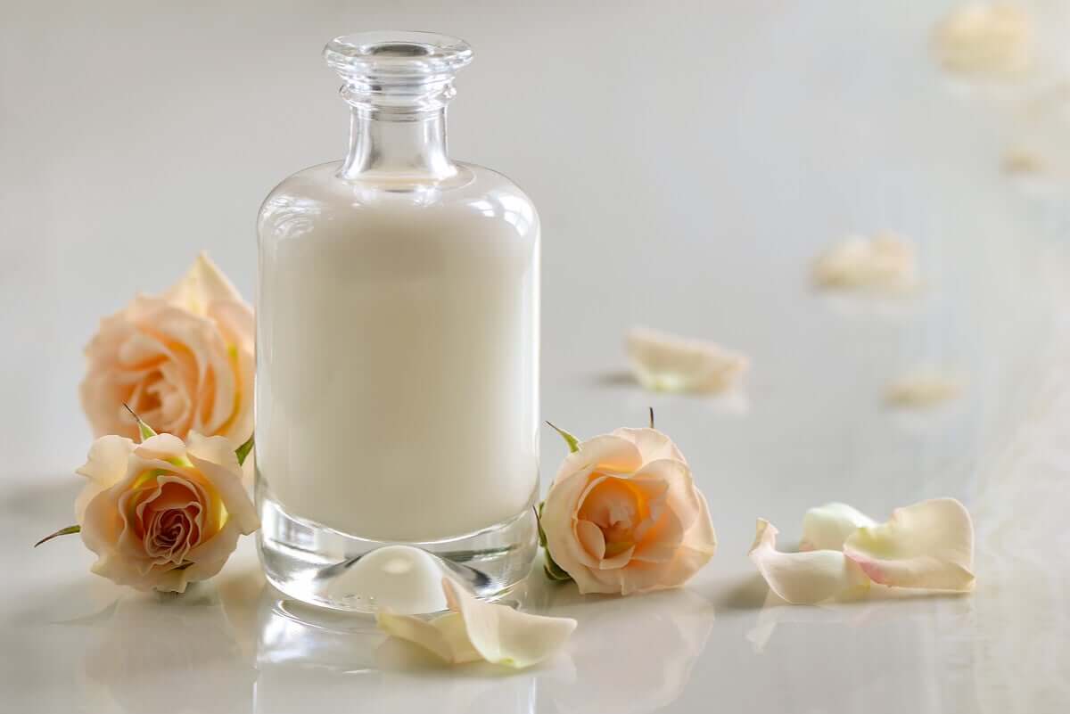 Buttermilk in a jar with roses.