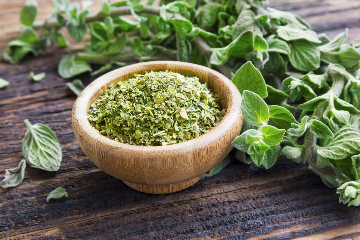 A bowl of crushed oregano leaves.