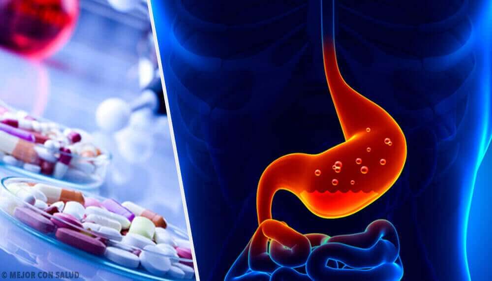 Tod the left, two petrie dishes with pills inside and, to the right, a digital image of a stomach with acid inside.