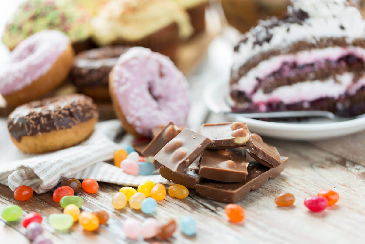 Different types of cakes and candy.