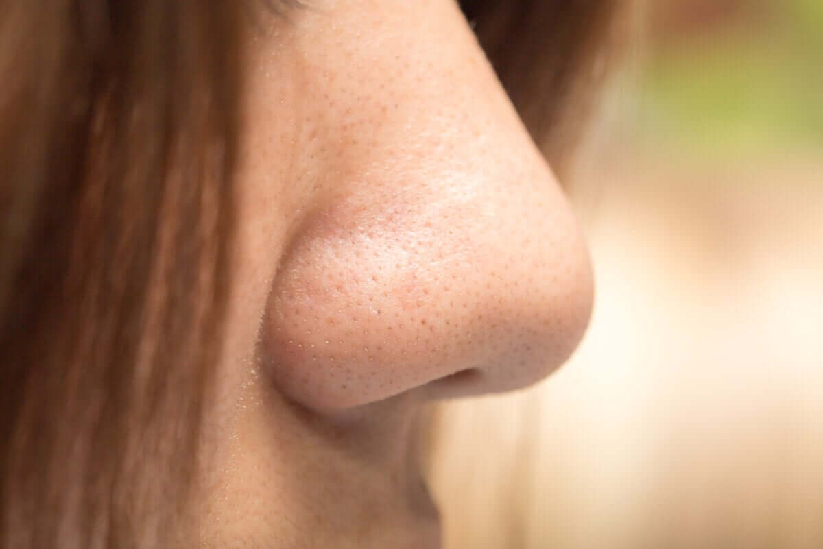 A closeup of the side of a woman's nose.