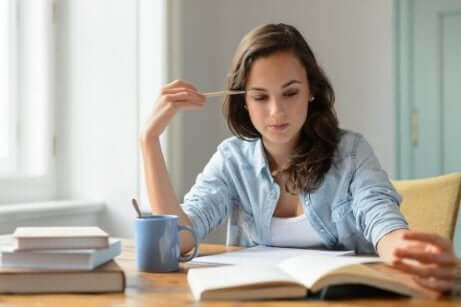 A woman is concentrating.