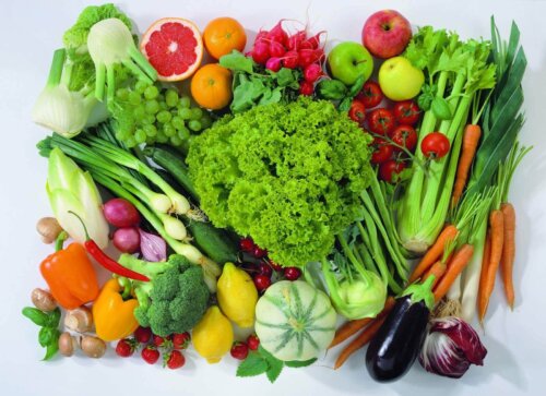 A mixture of fruit and vegetables.