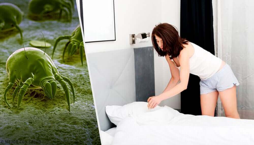 A woman changing her bed sheets.