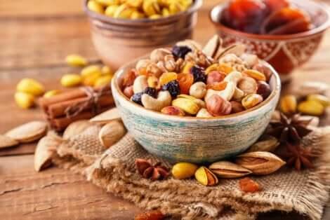 Mixed nuts in bowls.