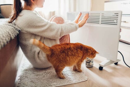 A woman in front of a heater.