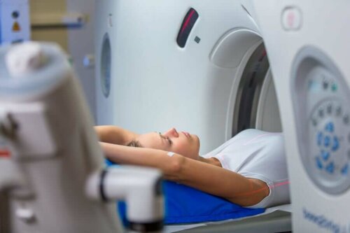 A woman undergoing a computed tomography.