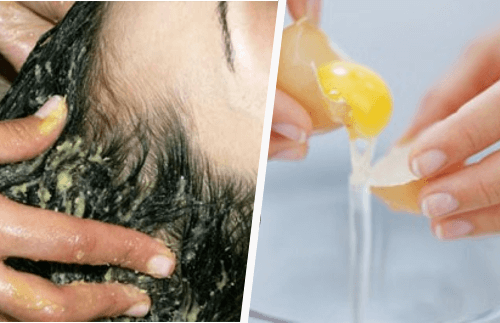 A woman putting egg in her hair.