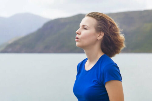 A woman breathing hard.