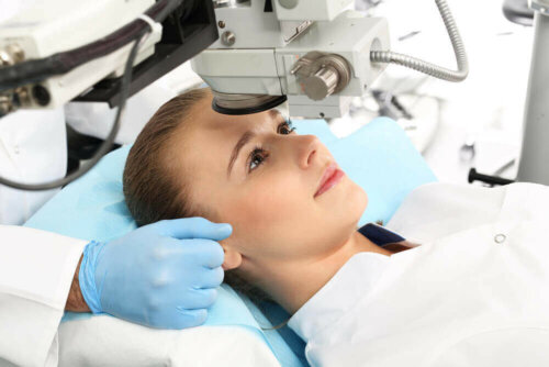 A woman undergoing ophthalmological treatment.