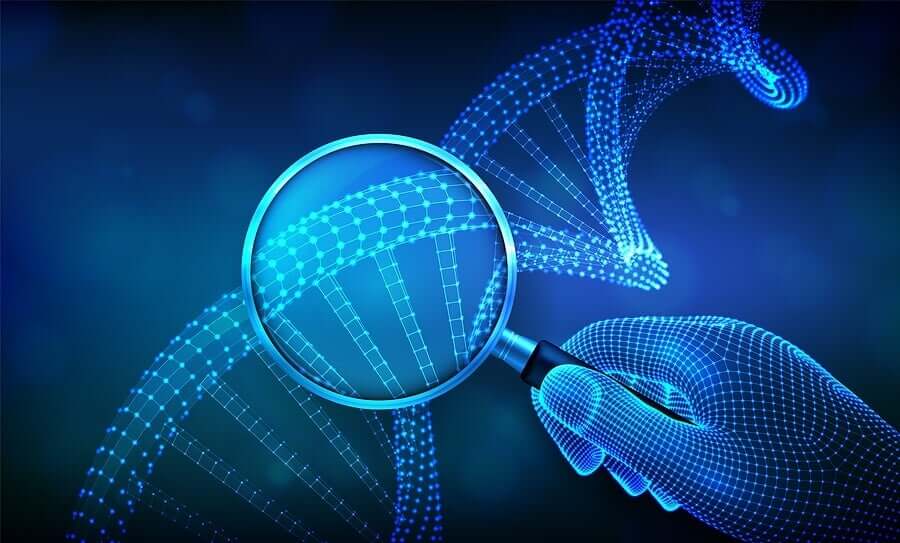 A computer image of a magnifying glass looking at a strand of DNA.