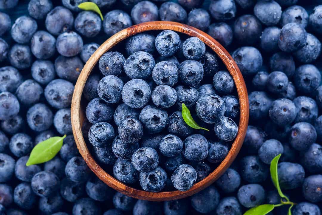Fresh blueberries in a wooden bowl, surrounded by more fresh blueberries.