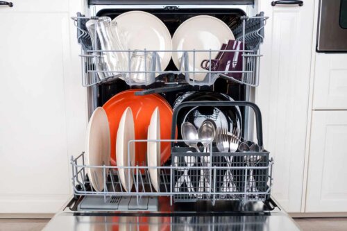 A loaded dishwasher.