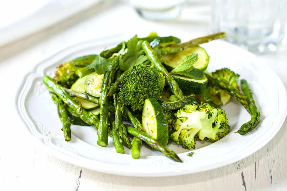 A plate of green vegetables.