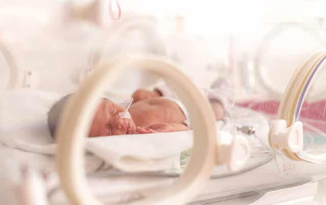 En for tidlig baby i en inkubator.