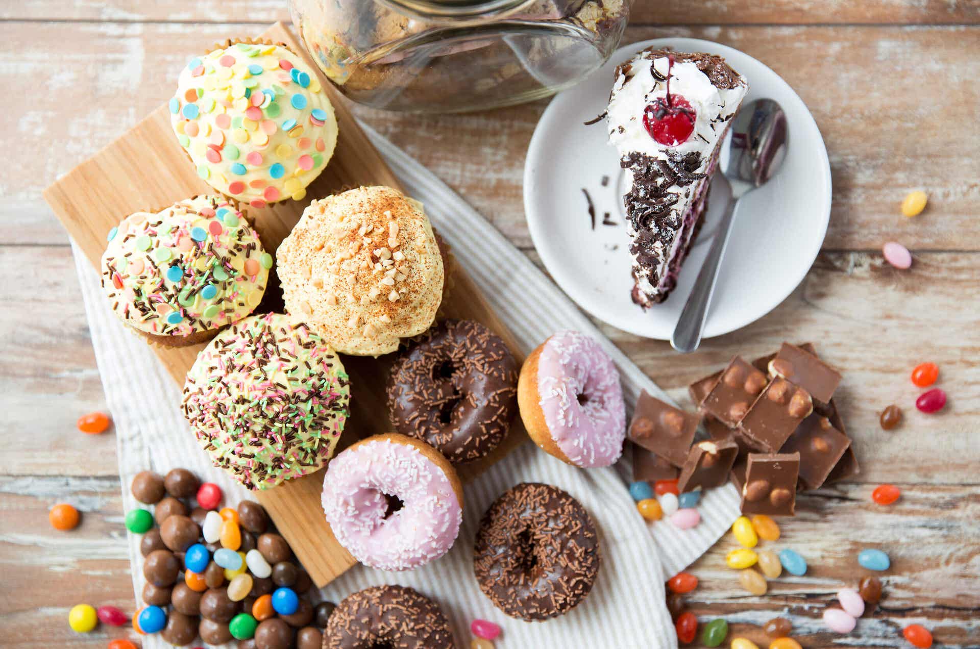 Cake, pastries, and candies.