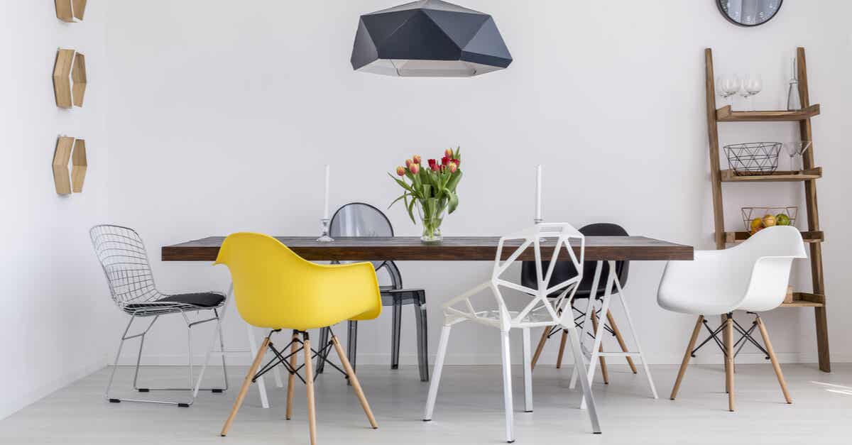A modern dining table and chairs.