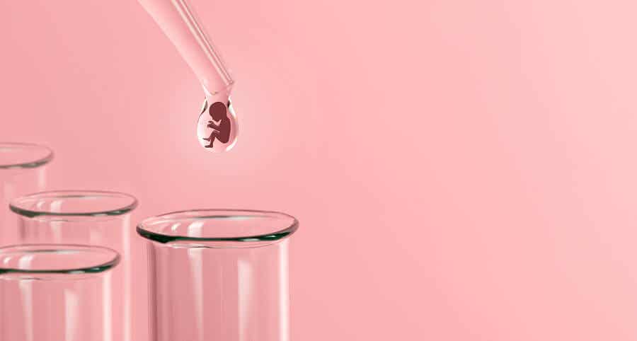 An dropper dropping the image of a tiny fetus into a test tube.