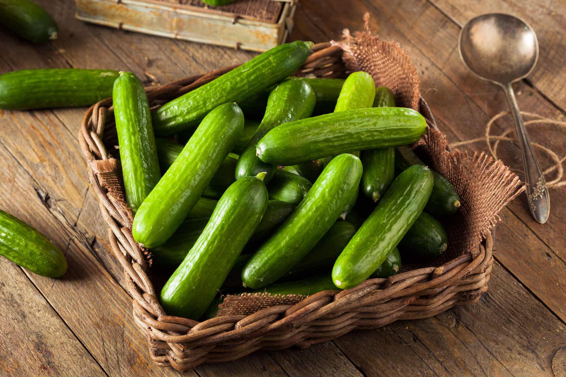 A basket of fresh cucumbers.